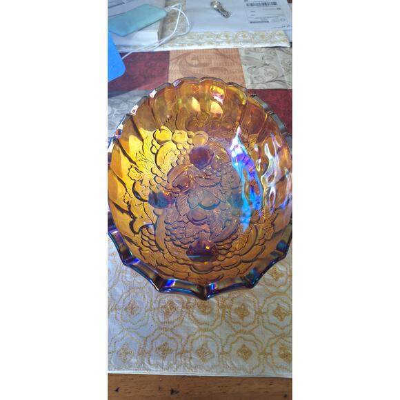 Carnival Glass 12" Oval 4- Footed Fruit Bowl- Amber- Fruit Motif- Indiana Glass - Picture 1 of 10